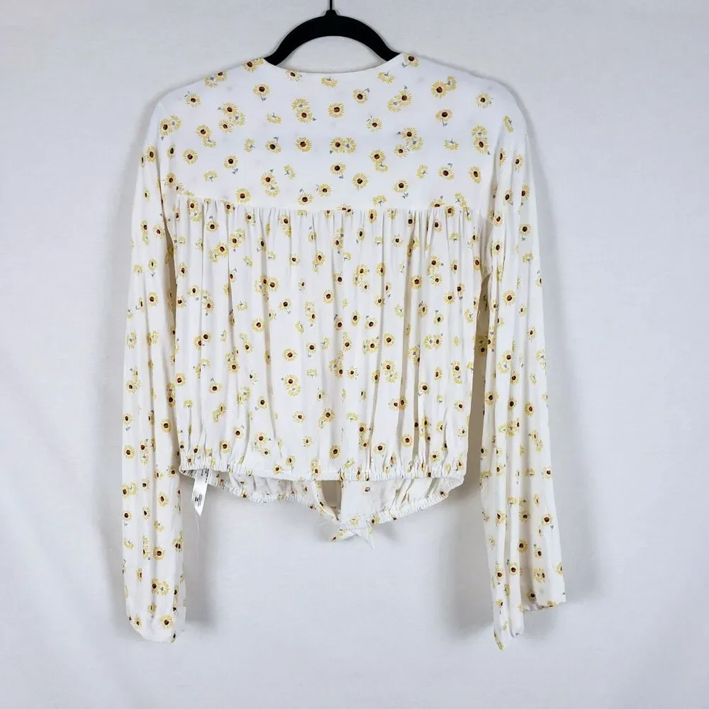 Free People Sunflower Tie-Front Peasant Top Womens L White Floral Cropped Flare